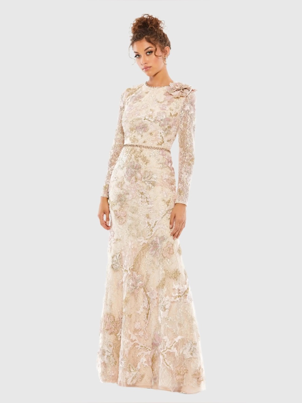 Mac Duggal 11174 Pink and Beige Embroidered Lace Trumpet Evening Dress sz 16